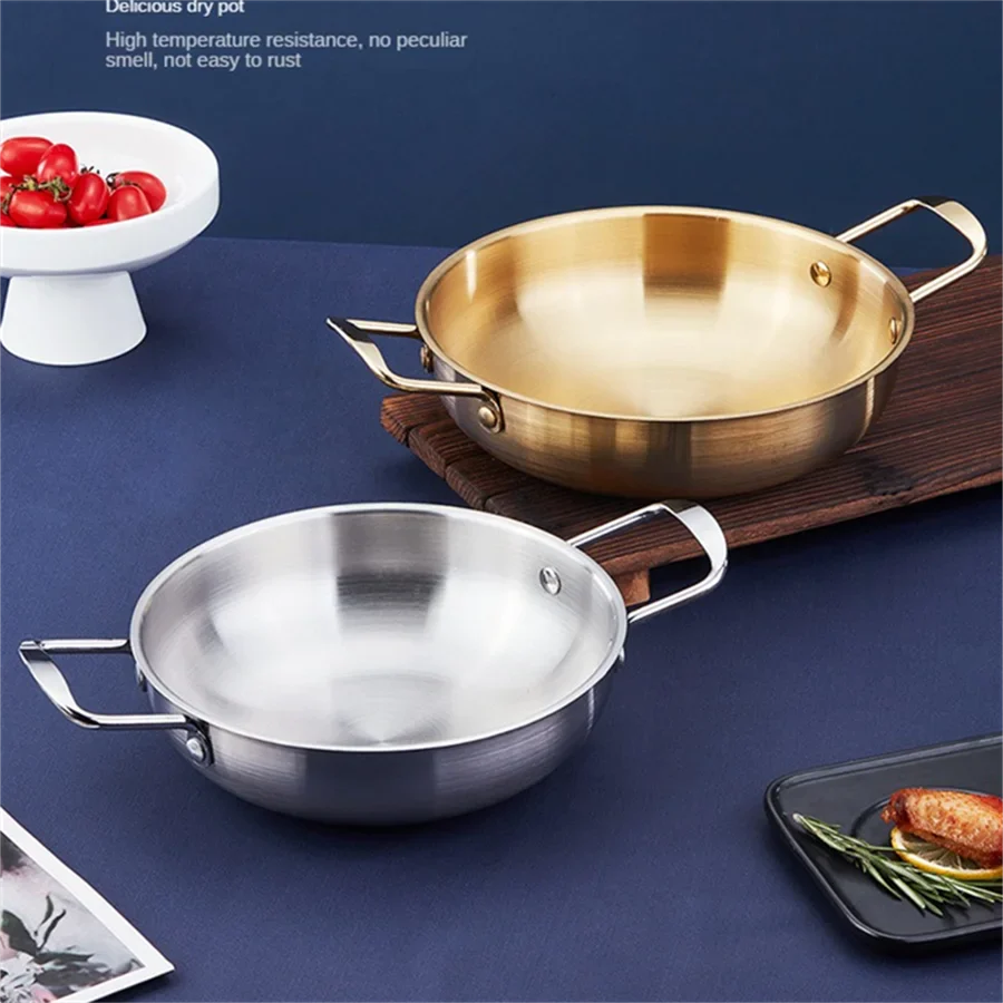 Stainless Steel Cookware Saucepan Dry Pots with Handle Home Cooking Paella Pan Seafood Rice Pot Picnic Snack Plates