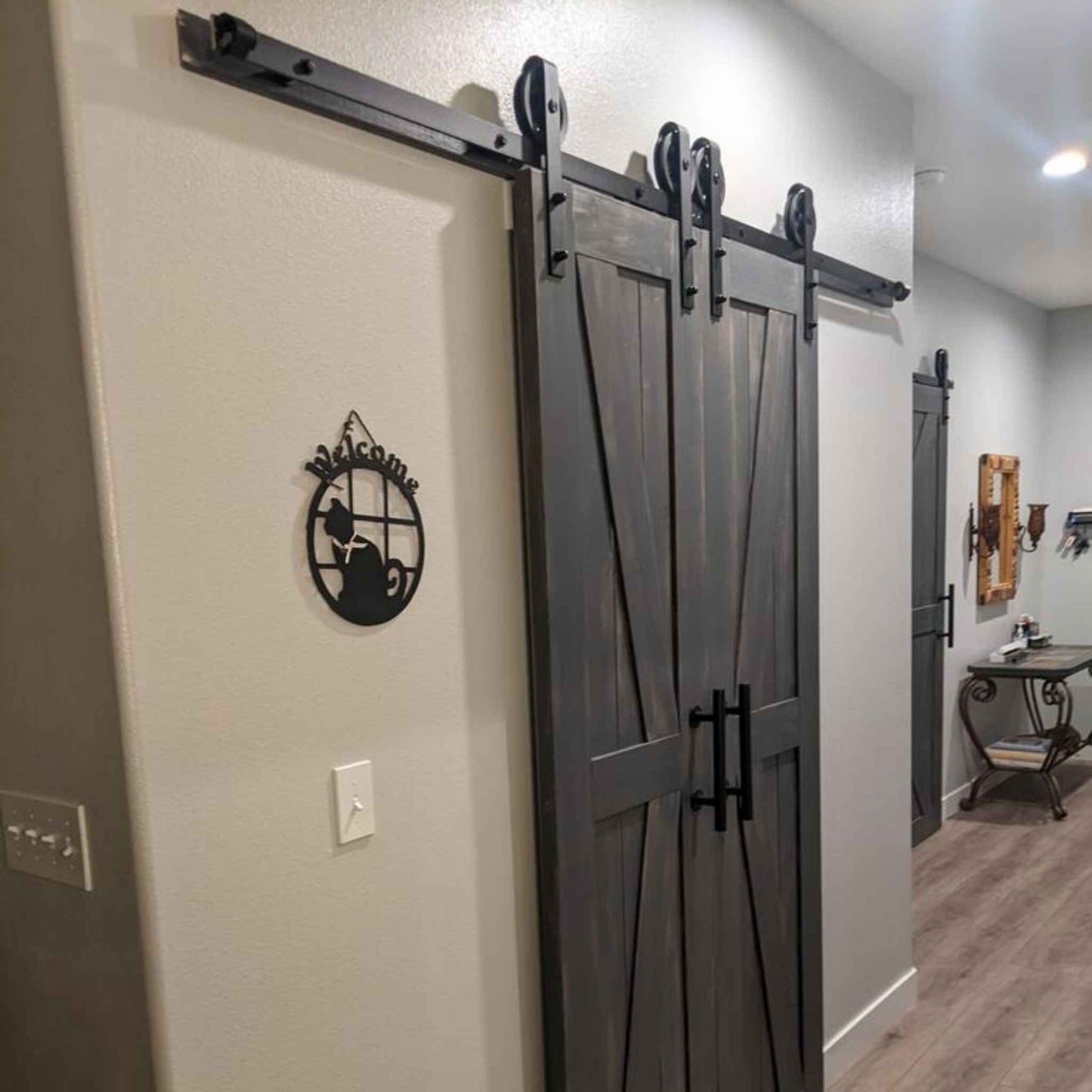 Spoke Wheel Black Single Track Barn Door Hardware Kit