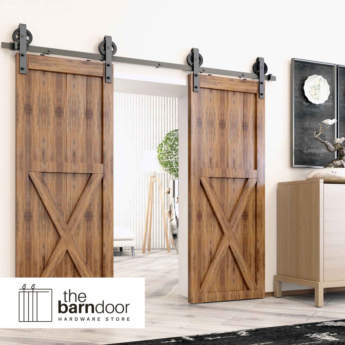 Spoke Wheel Black Single Track Barn Door Hardware Kit