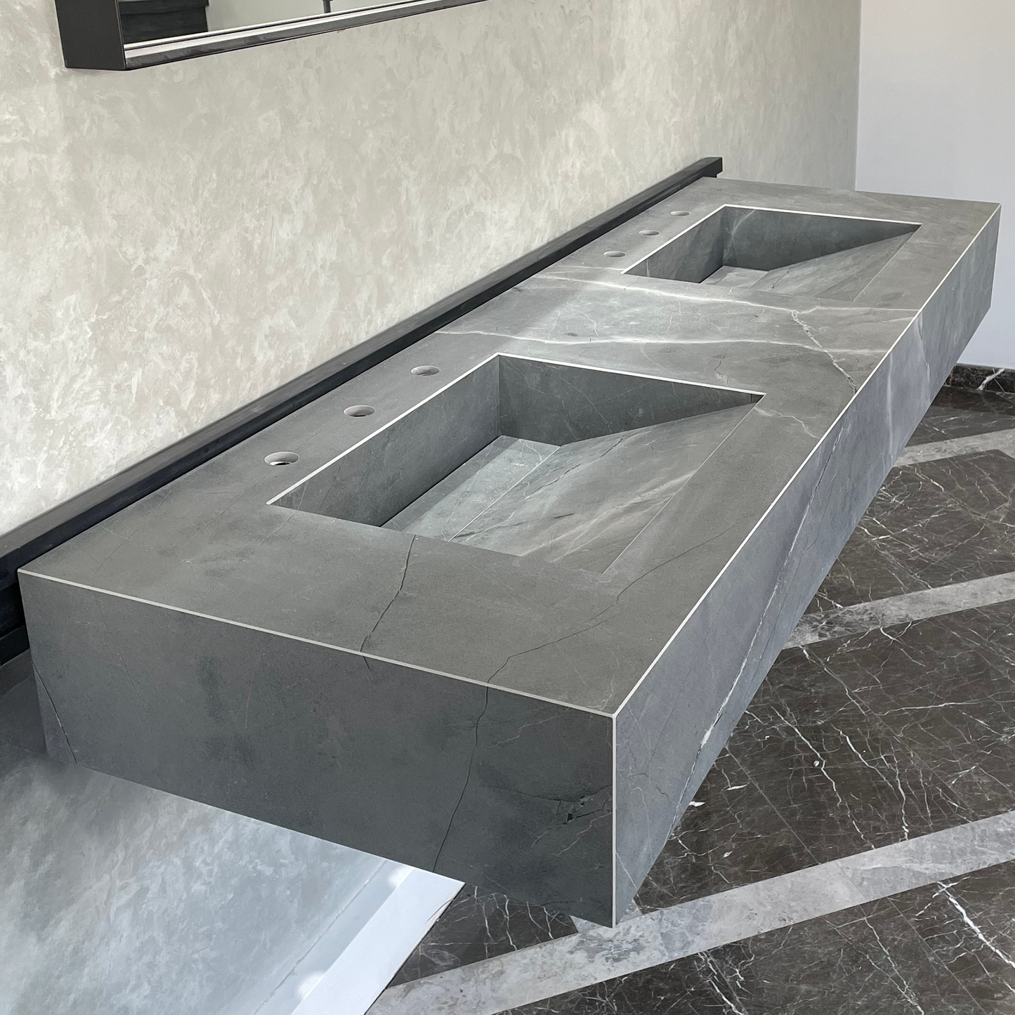 HANDCRAFTED ARMANI GREY HIGH ENGINEERED PORCELAIN DOUBLE SINK (ES-096)