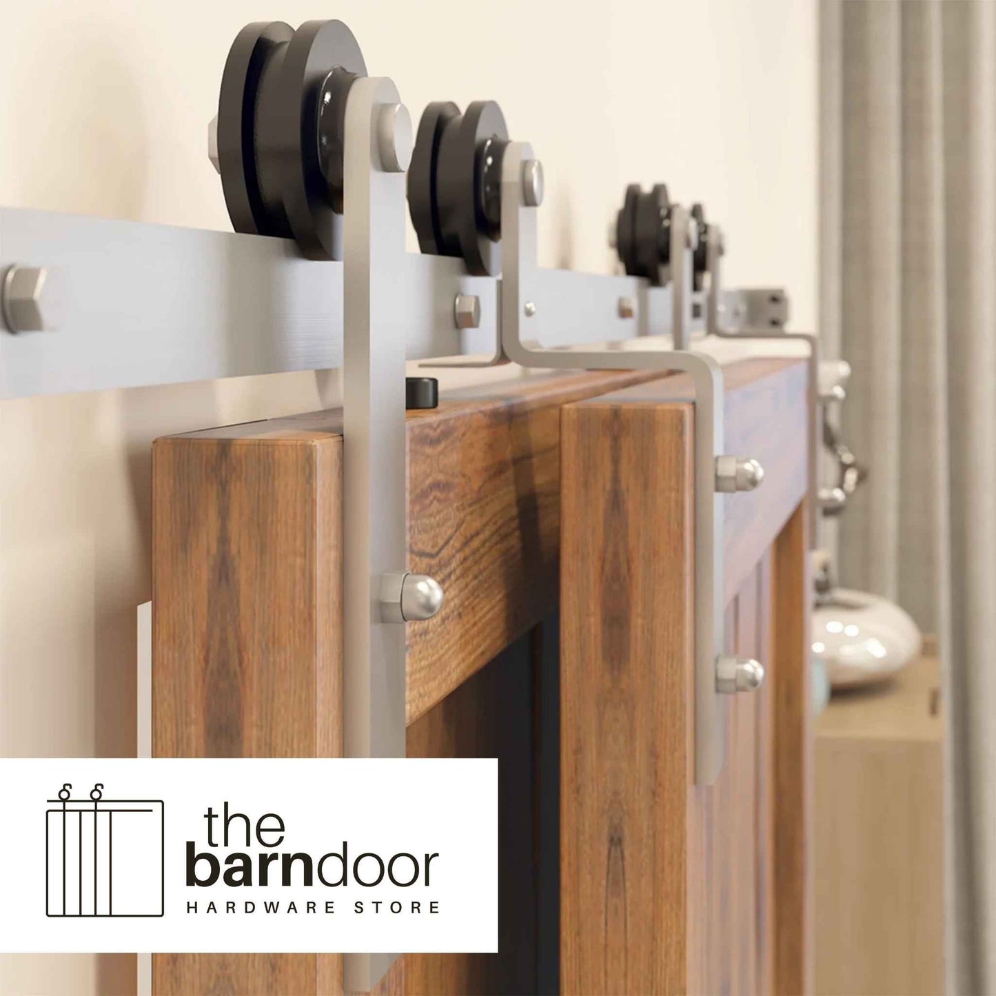 Straight Strap Brushed Nickel Single Bypass Barn Door Hardware Kit