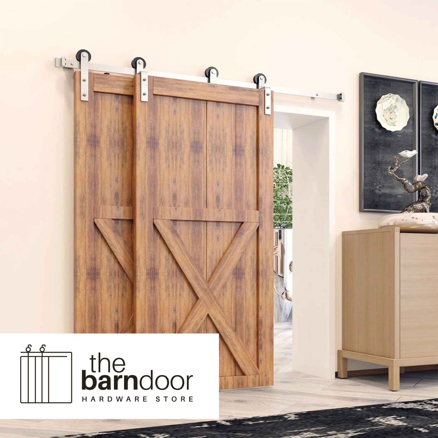 Straight Strap Brushed Nickel Single Bypass Barn Door Hardware Kit