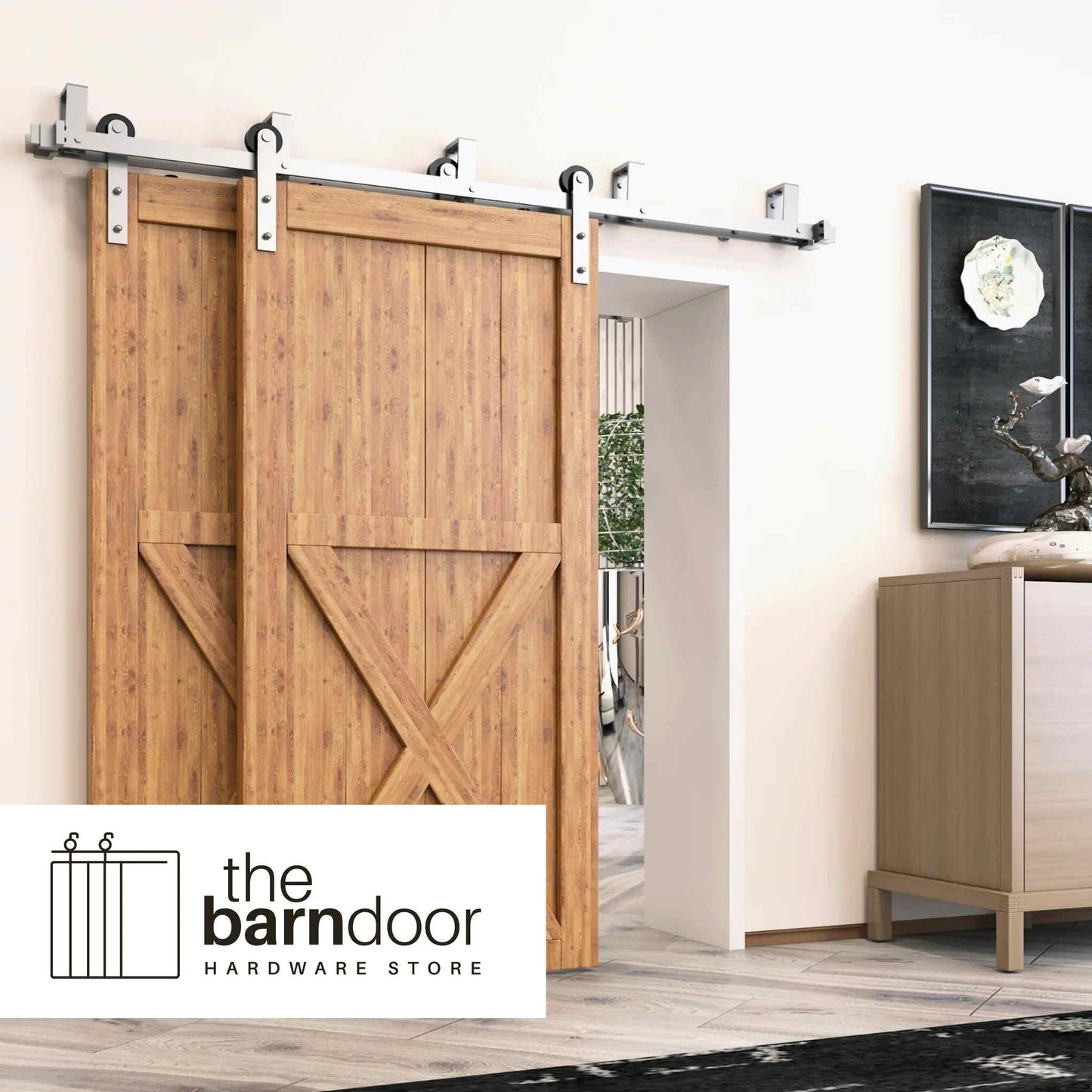 Straight Strap Brushed Nickel Double Bypass Barn Door Hardware Kit