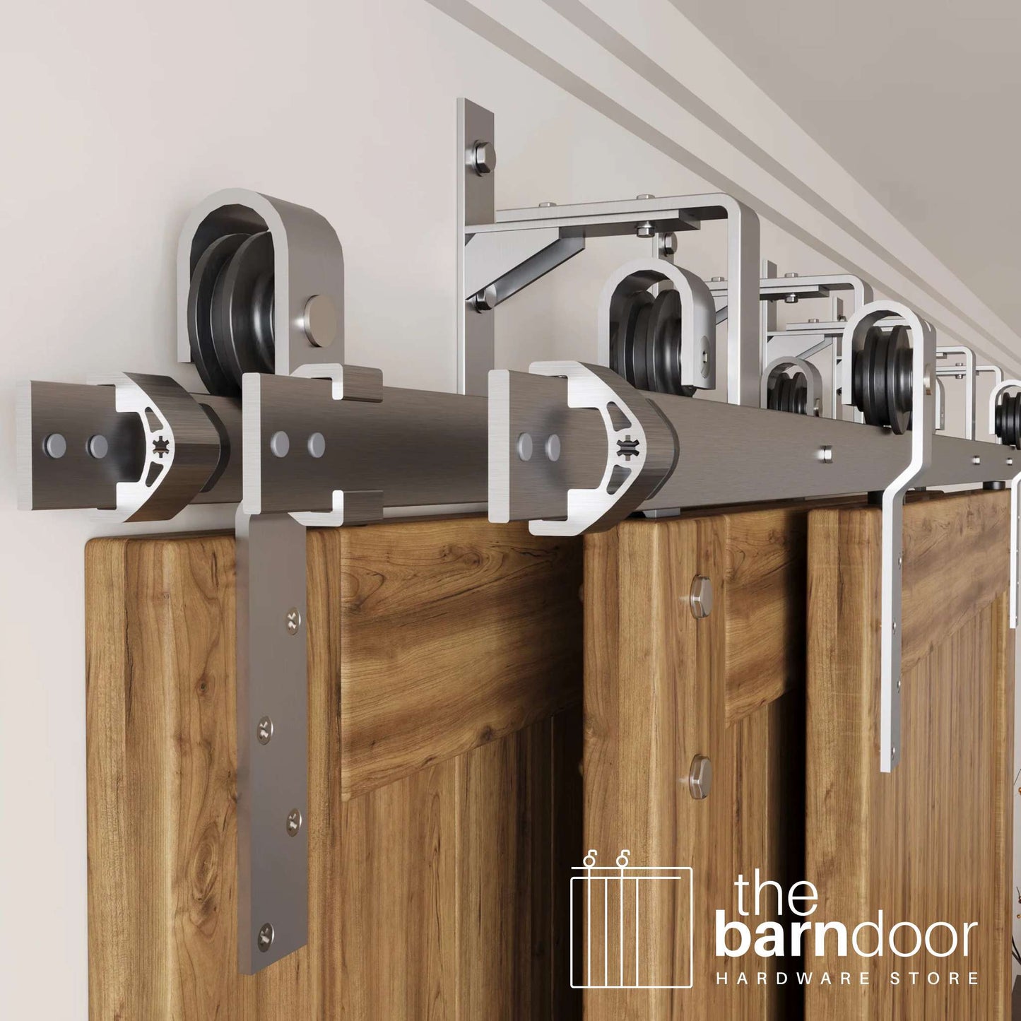 J-Strap Triple Track Bypass Barn Door Hardware Kit | Brushed Nickel