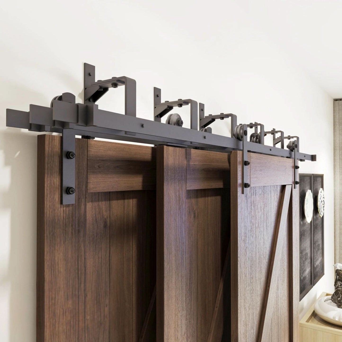 Straight Strap Triple Track Bypass Barn Door Hardware Kit | Matte Black