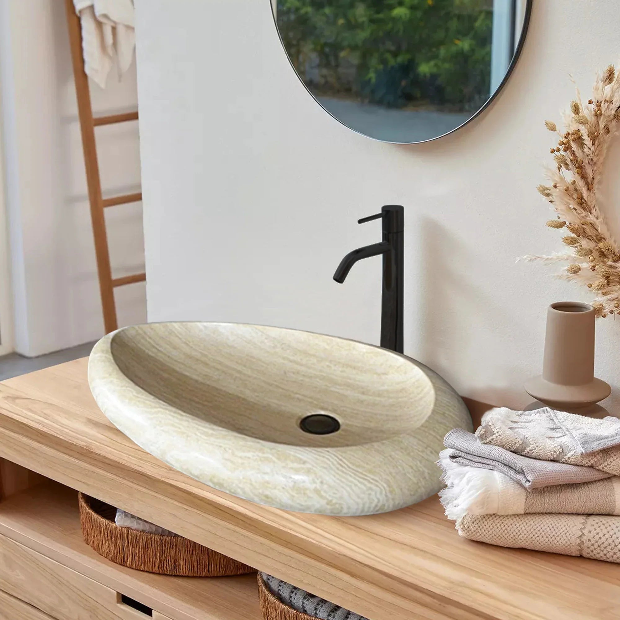 Troia Light Travertine Stone Teardrop Shape Above Vanity Bathroom Vess ...