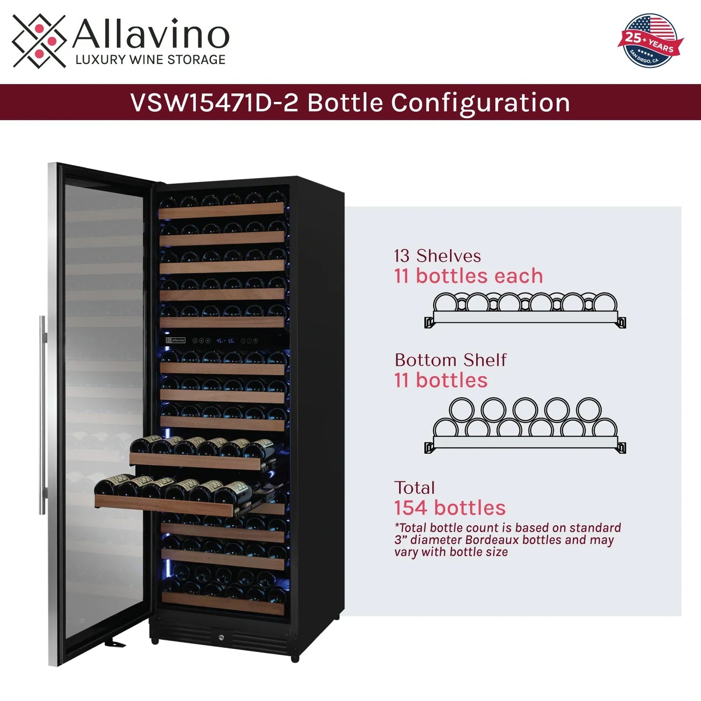 Allavino Reserva Series 154 Bottle 71" Tall Dual Zone Left Hinge Stainless Steel Wine Refrigerator