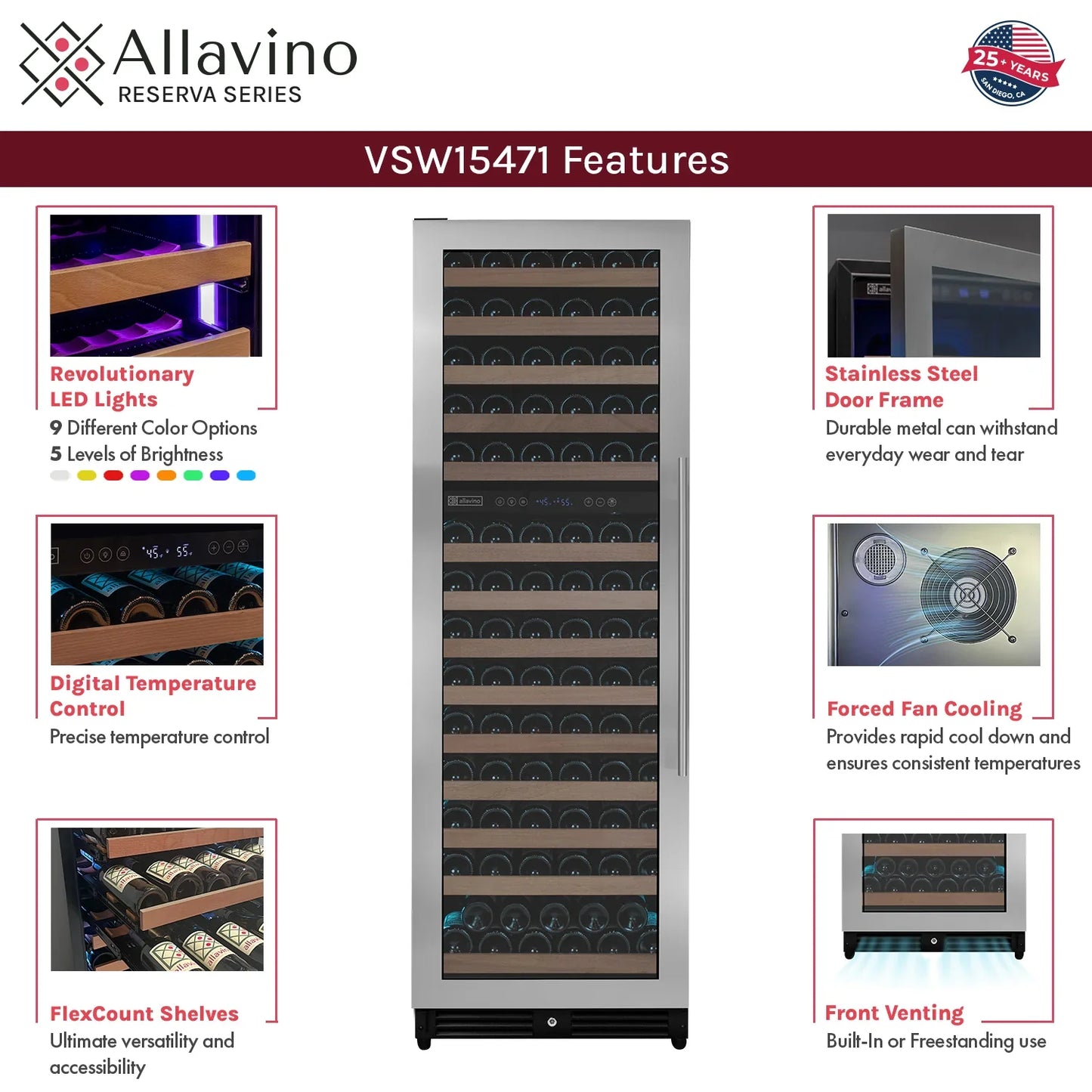 Allavino Reserva Series 154 Bottle 71" Tall Dual Zone Left Hinge Stainless Steel Wine Refrigerator