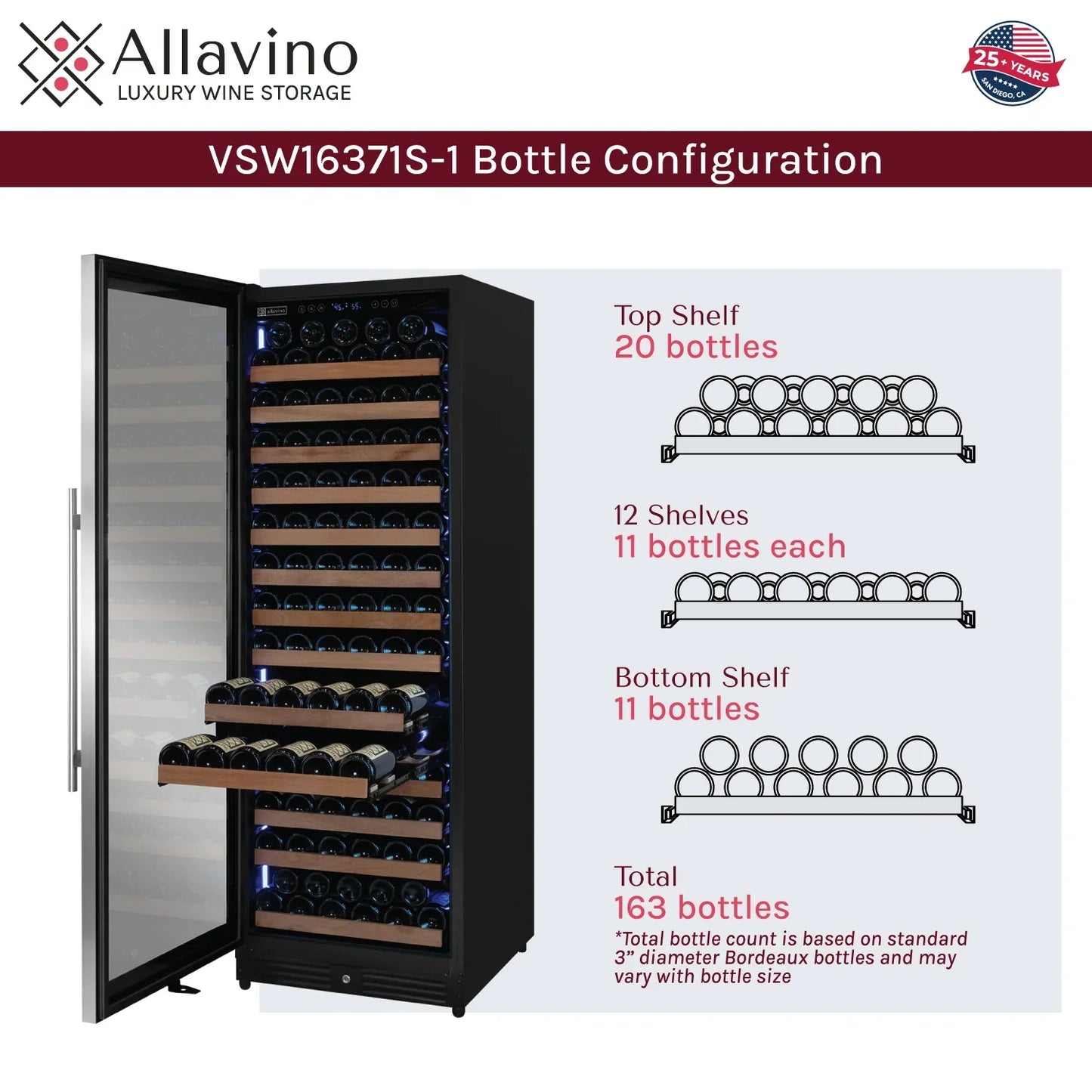 Allavino Reserva Series 163 Bottle 71" Tall Single Zone Stainless Steel Wine Refrigerator