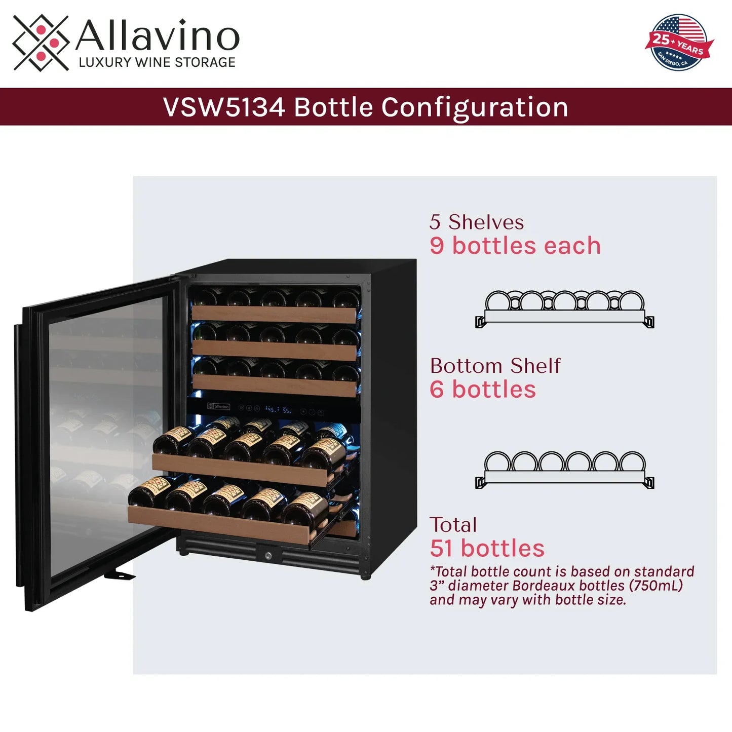 Allavino Reserva Series 56 Bottle Built-in Luxury Wine Refrigerator with Black Door