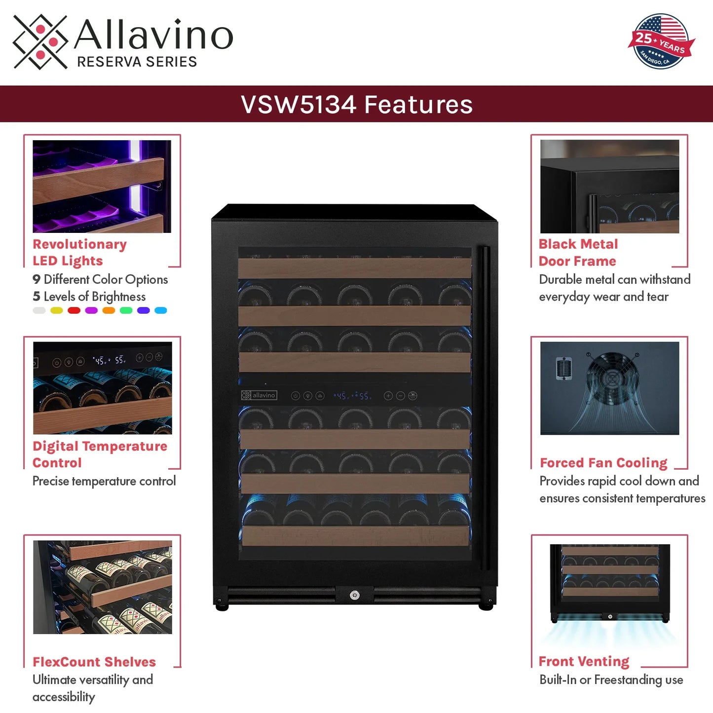 Allavino Reserva Series 56 Bottle Built-in Luxury Wine Refrigerator with Black Door