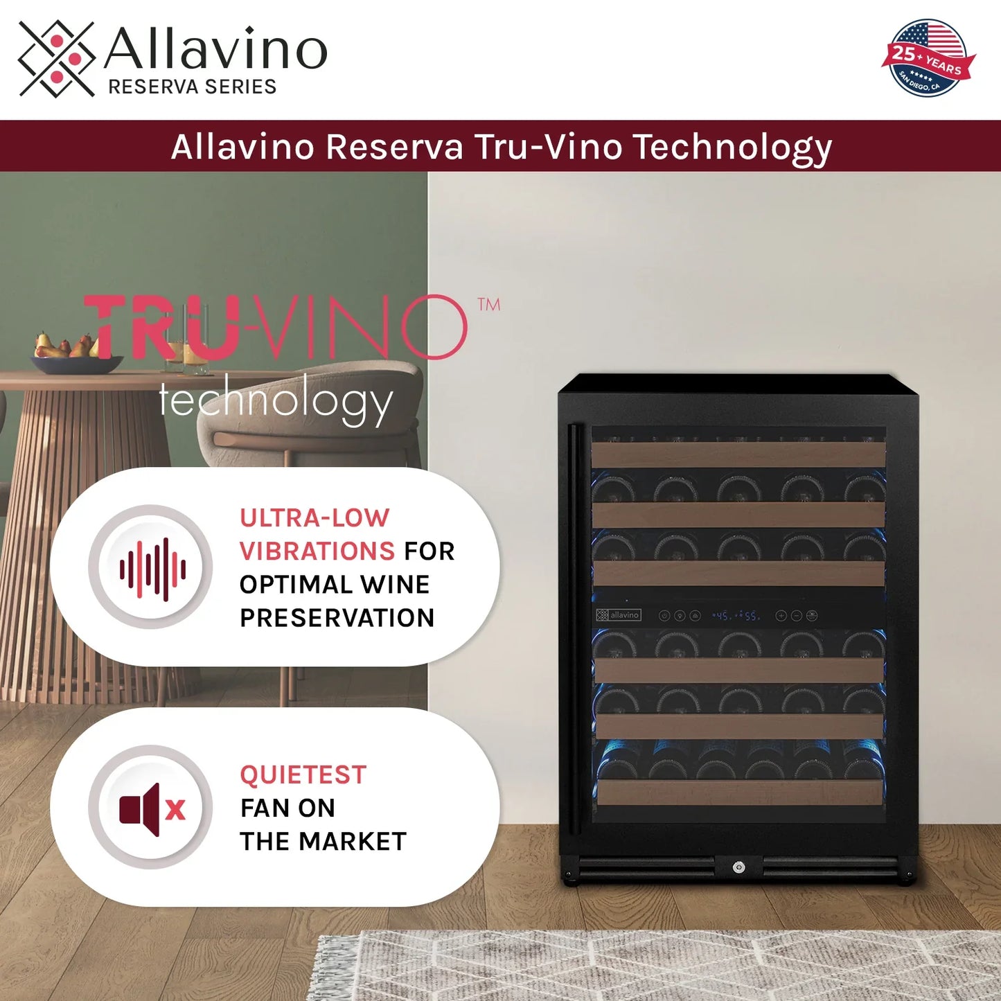 Allavino Reserva Series 56 Bottle Built-in Luxury Wine Refrigerator with Black Door