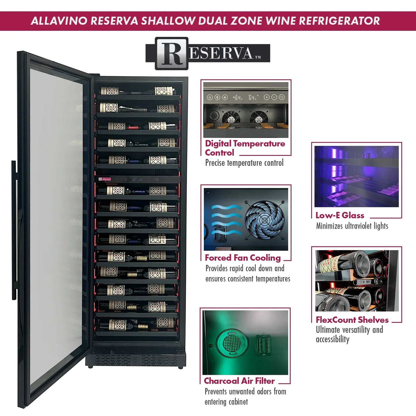 Allavino Reserva Series 67 Bottle 71" Tall Dual Zone Black Shallow Wine Cooler Refrigerator Console