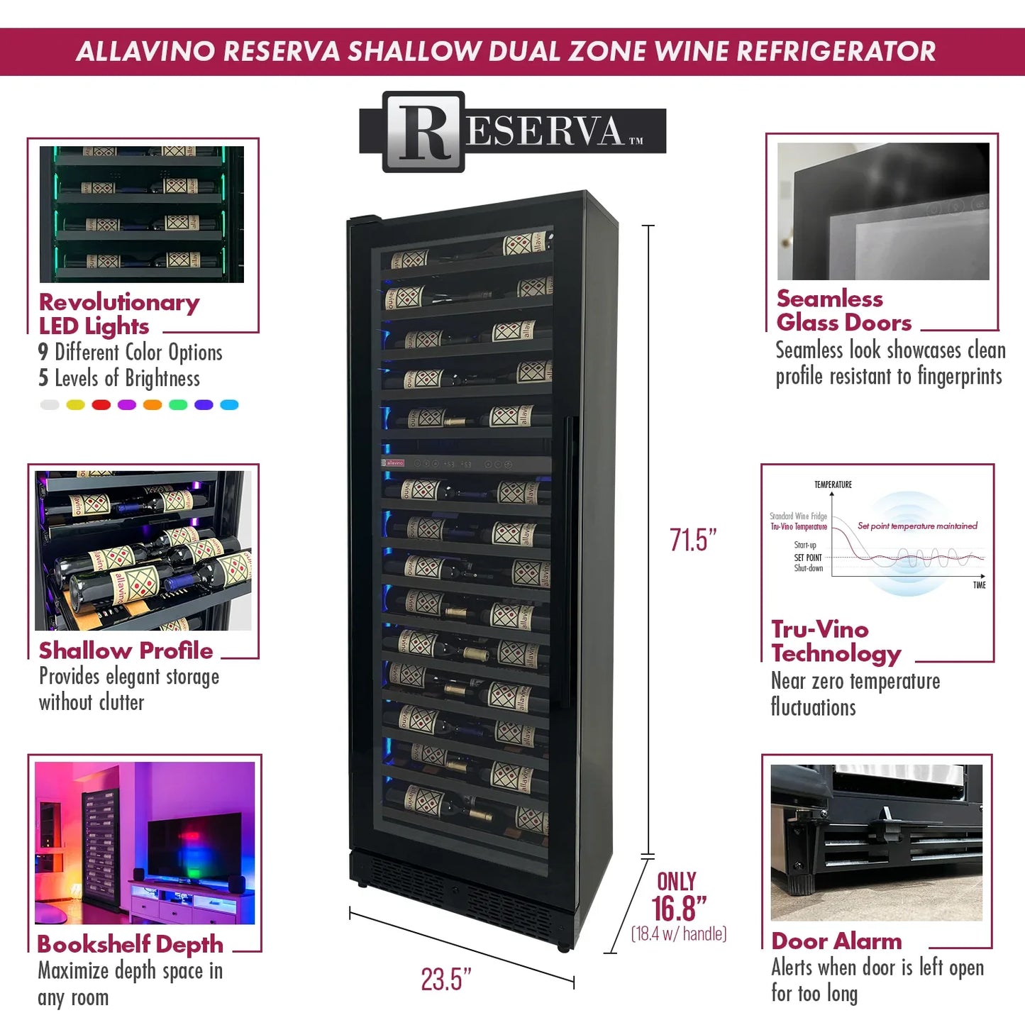 Allavino Reserva Series 67 Bottle 71" Tall Dual Zone Black Shallow Wine Cooler Refrigerator Console