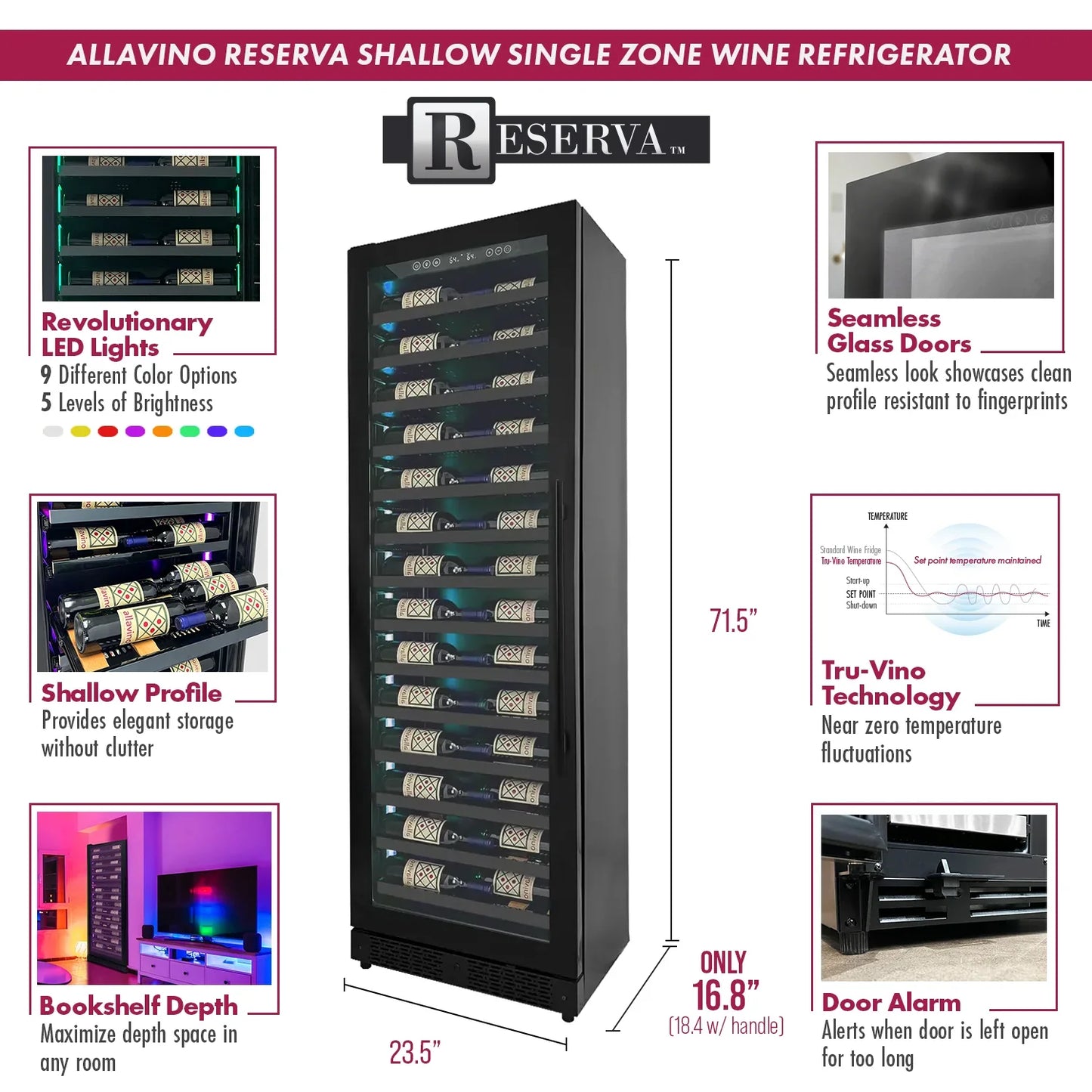 Allavino Reserva Series 67 Bottle 71" Tall Single Zone Black Shallow Wine Cooler Refrigerator Console