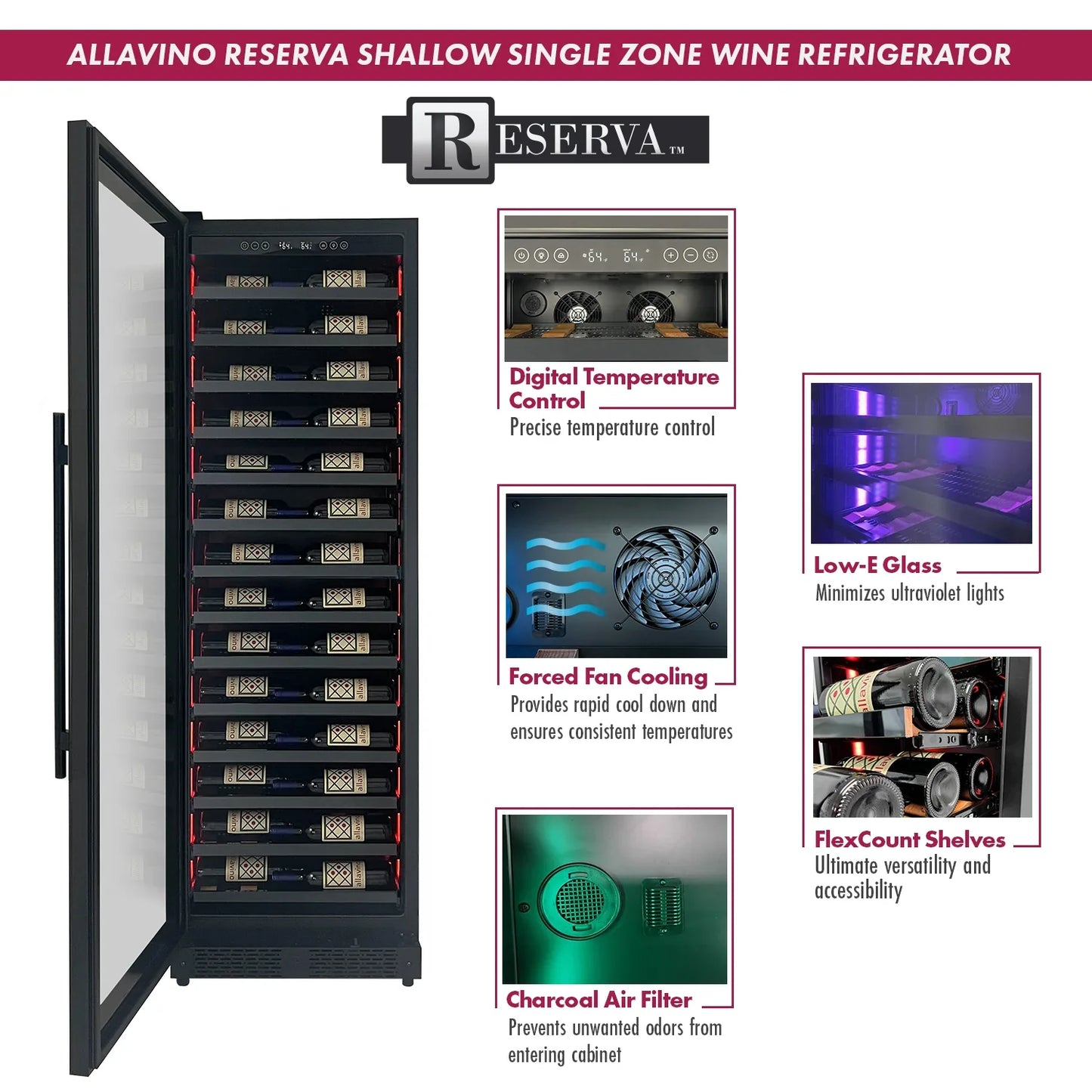 Allavino Reserva Series 67 Bottle 71" Tall Single Zone Black Shallow Wine Cooler Refrigerator Console