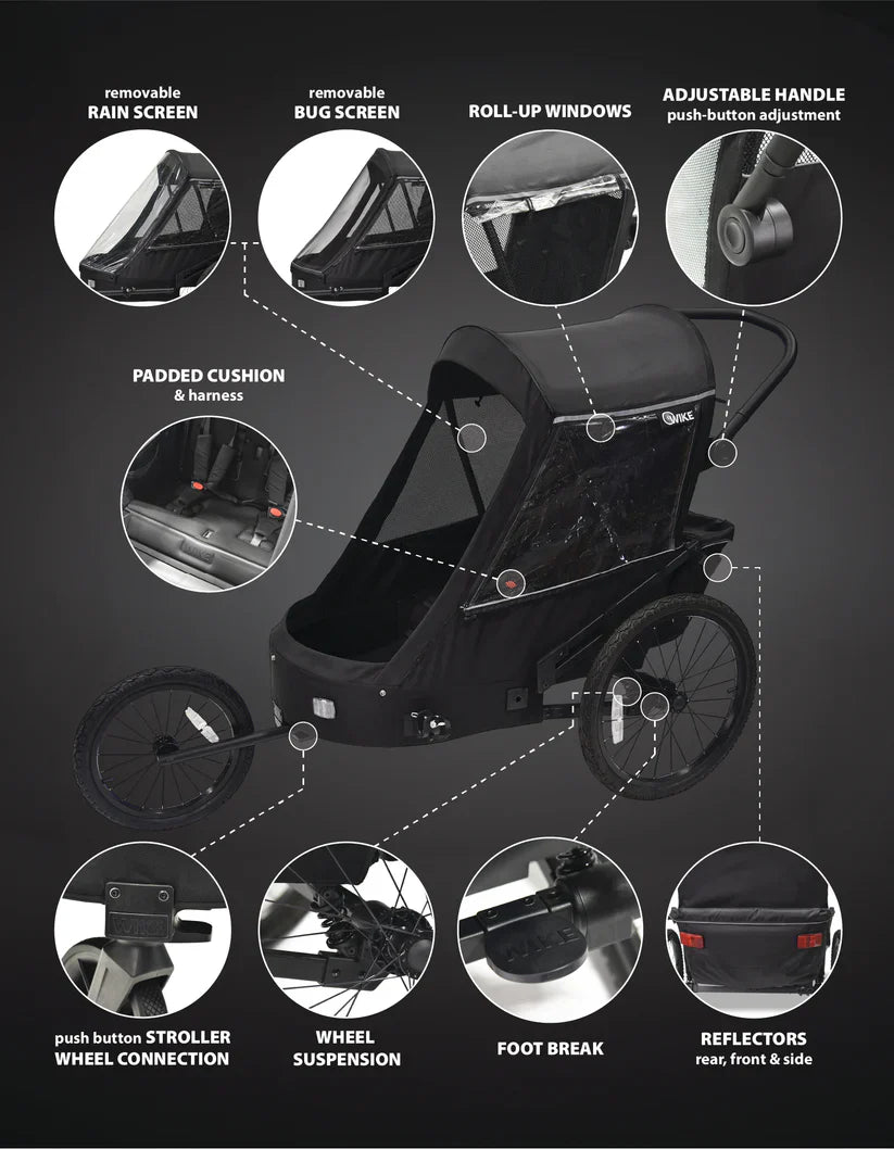 Wike Premium Suspension Bike Trailer – Black - Includes Stroller & Jogger Kit