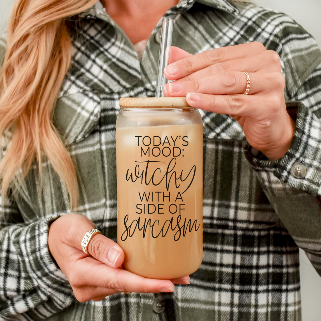 20oz Glass Tumbler Hocus Pocus Coffee Quote With Bamboo Lid Straws And Cleaner
