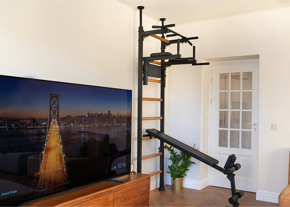 BenchK 523 Wall Mounted Gymnastic Wall Bars with Workout Bench and Pull-Up Bar