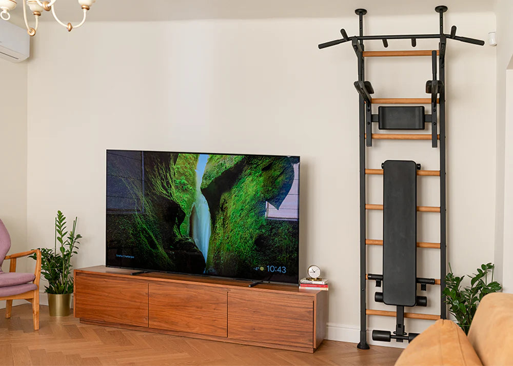 BenchK 523 Wall Mounted Gymnastic Wall Bars with Workout Bench and Pull-Up Bar