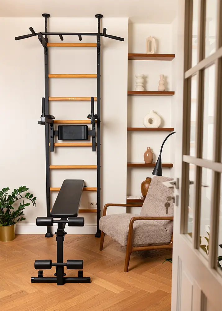 BenchK 523 Wall Mounted Gymnastic Wall Bars with Workout Bench and Pull-Up Bar