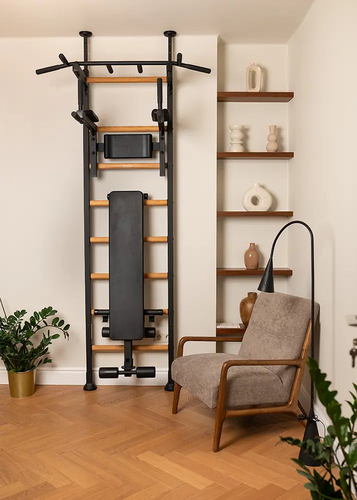 BenchK 523 Wall Mounted Gymnastic Wall Bars with Workout Bench and Pull-Up Bar