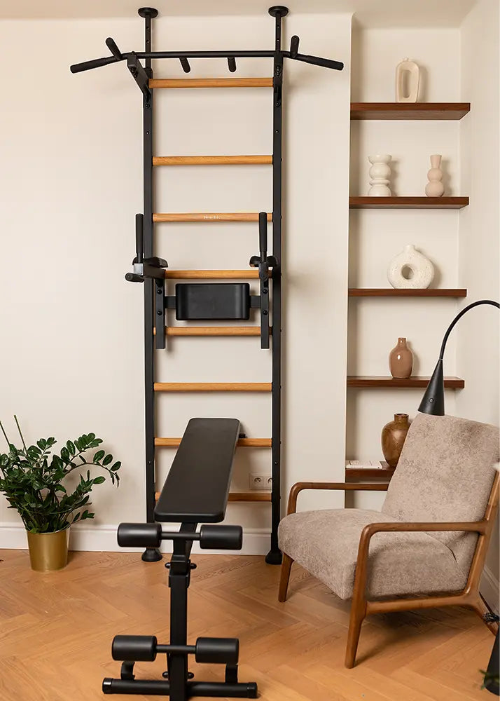 BenchK 523 Wall Mounted Gymnastic Wall Bars with Workout Bench and Pull-Up Bar