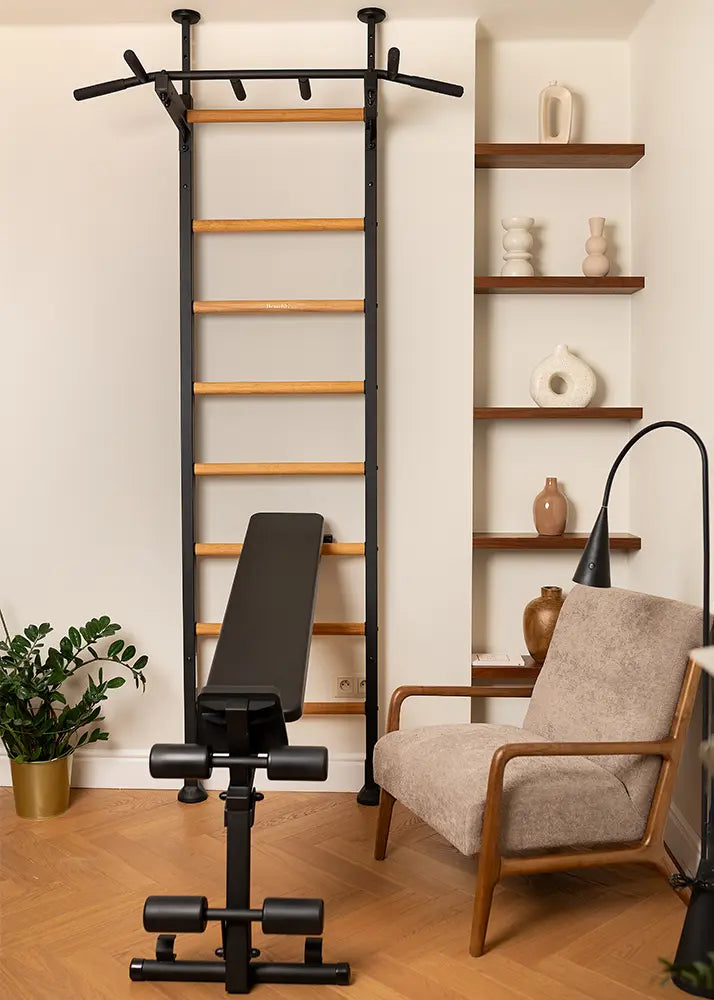 BenchK 523 Wall Mounted Gymnastic Wall Bars with Workout Bench and Pull-Up Bar