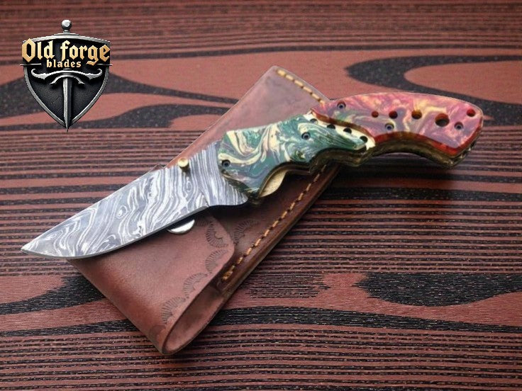 Damascus Steel Hunting Pocket Knife – Epoxy Resin Handle