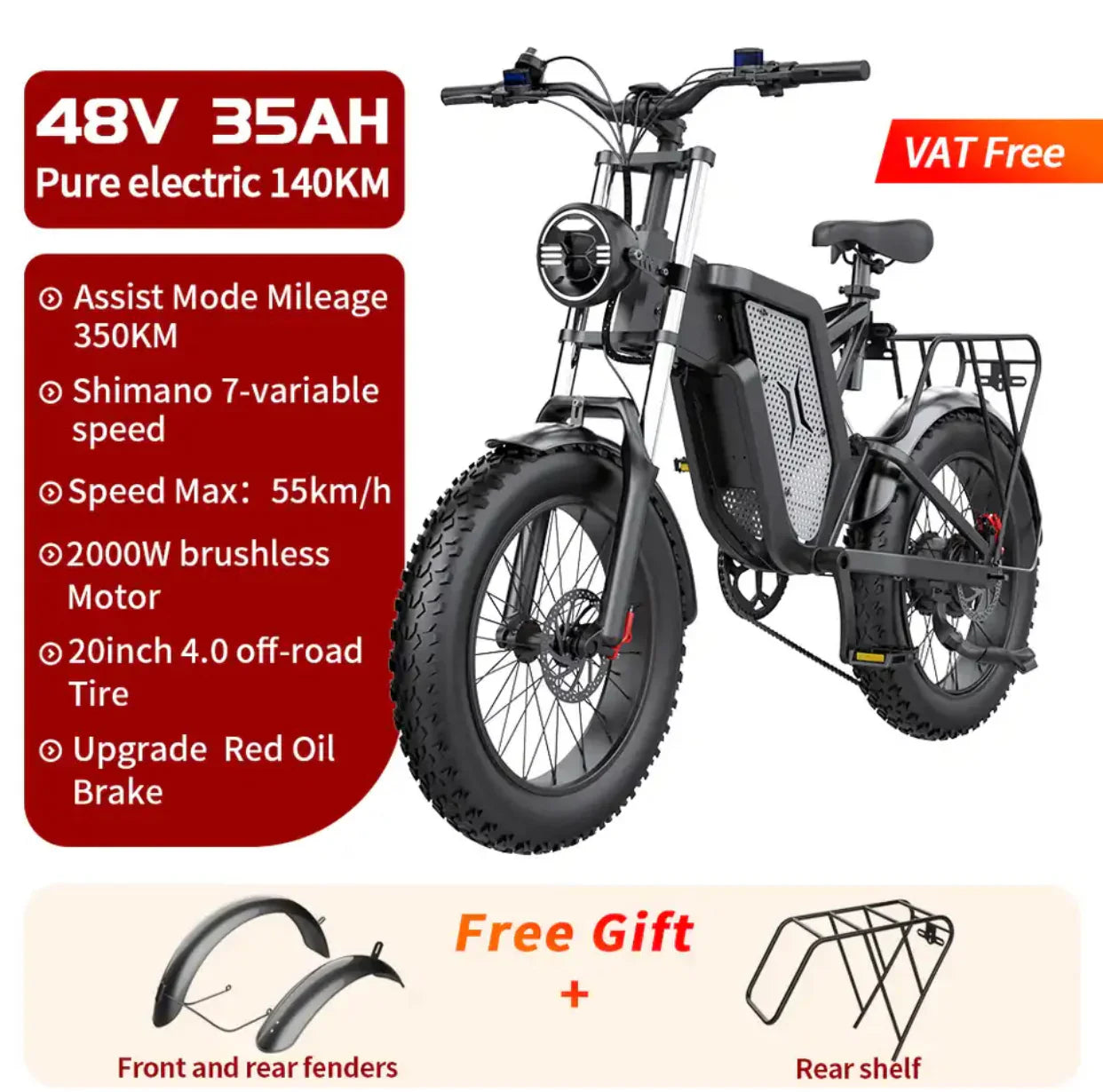 EKX X20 Electric Bike Mountain Moped Ebike 20 Inch Fat Tire 2000W 48V 35AH