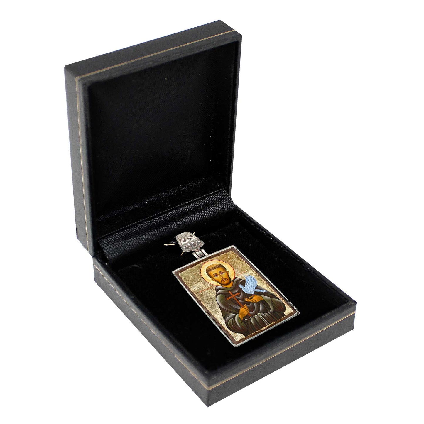 Saint Francis Religious Jewelry Silver Plated Necklace, Gold-Plated Wooden Cabochon - Christian Sacred Icon - Inspirational Icon Decor - 43024R