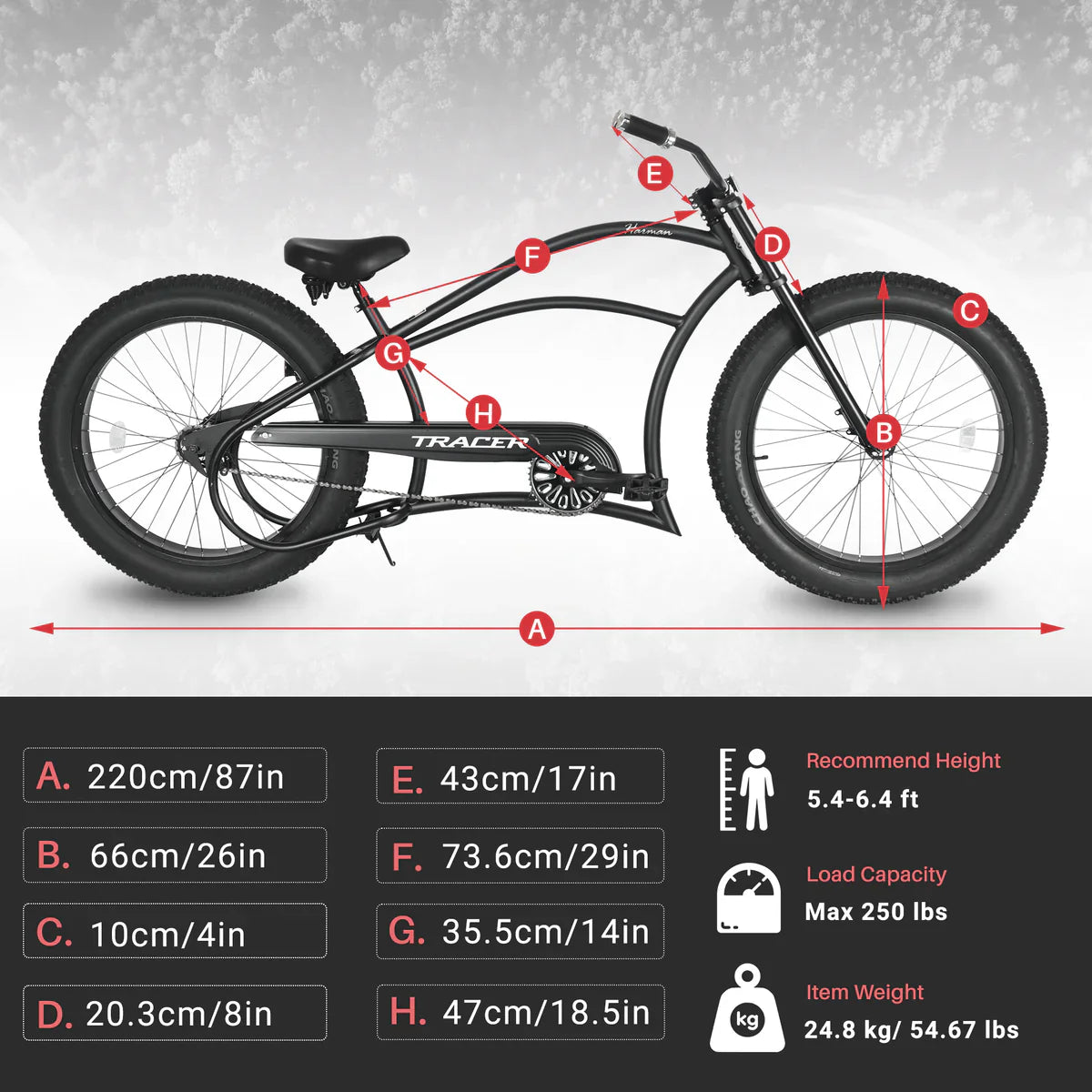 Tracer Harman GT 26'' Classic Chopper Stretch Cruiser Fat Tire Bike Single Speed