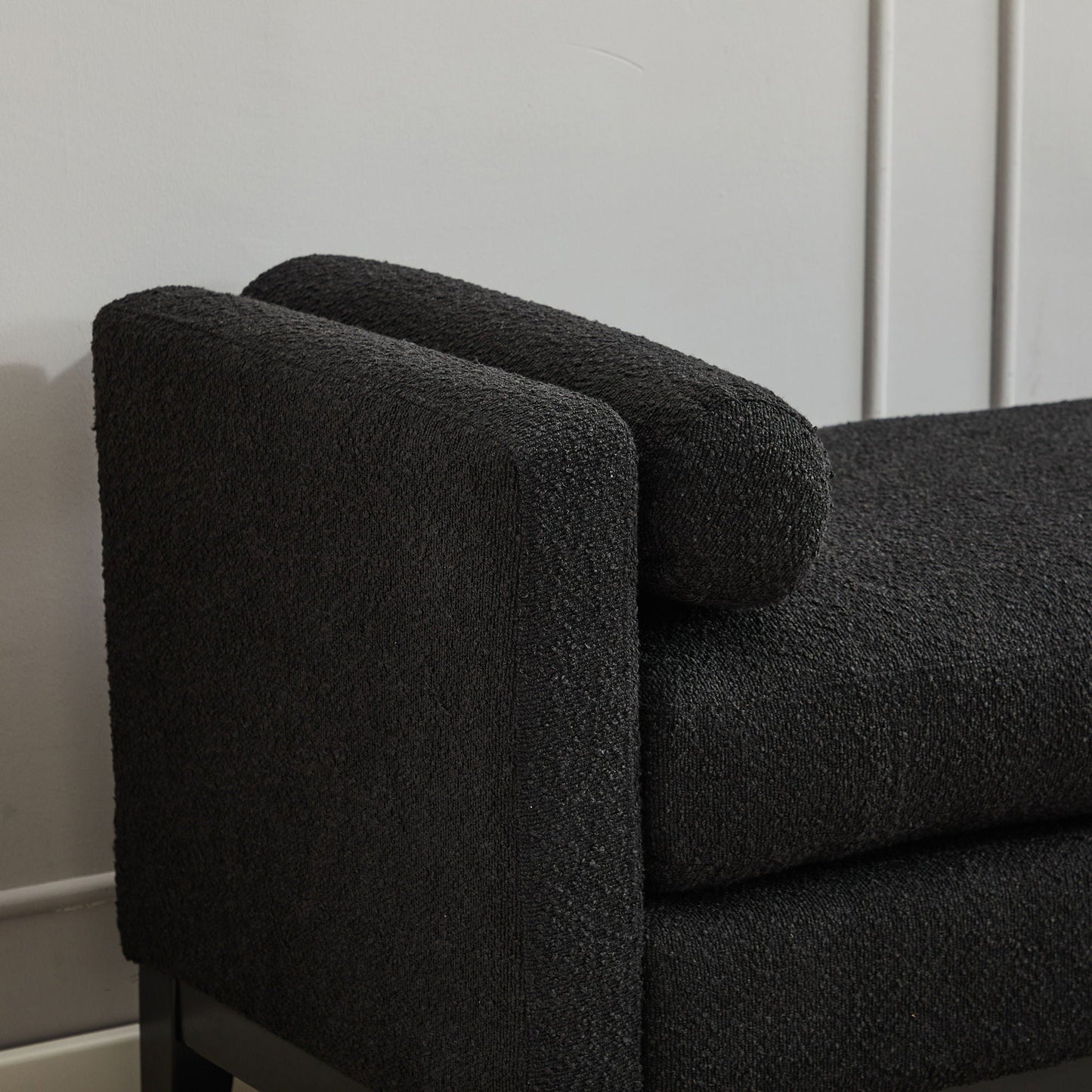 Elegant Upholstered Bench, Daybed, Ottoman With Wood Legs & 2 Bolster Pillows - Black Boucle