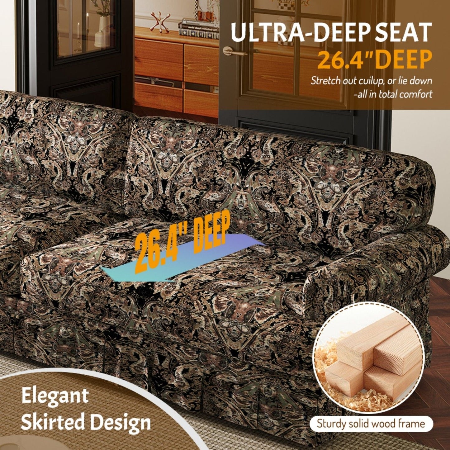 Luxuriously Comfortable Cloud Couch With Elegant Rolled Arms & Pleated Skirt Design