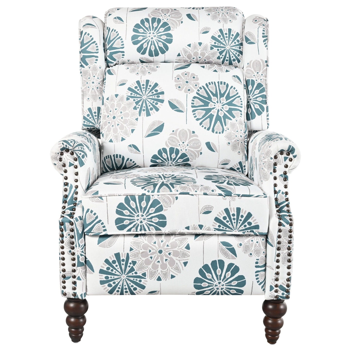 Push Back Recliner Chair Upholstered With Classic Wing Back And Solid Gourd-Shaped Legs