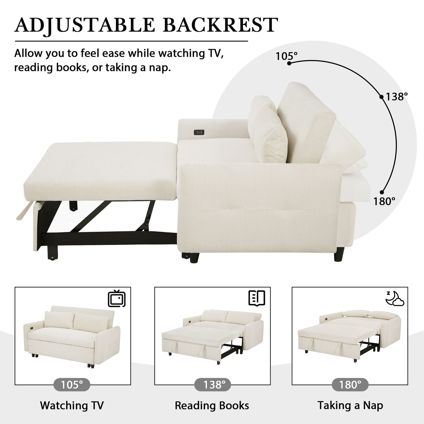 Pull-Out 2 Seat Modern Sleeper Sofa With 2 Throw Pillows And USB Ports