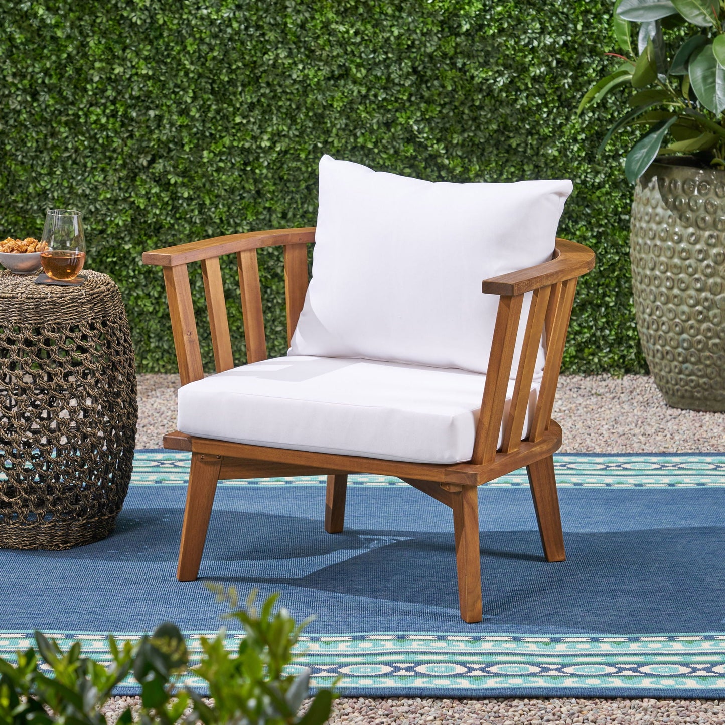 Outdoor Club Chair with Curved Backrest and Frame - White