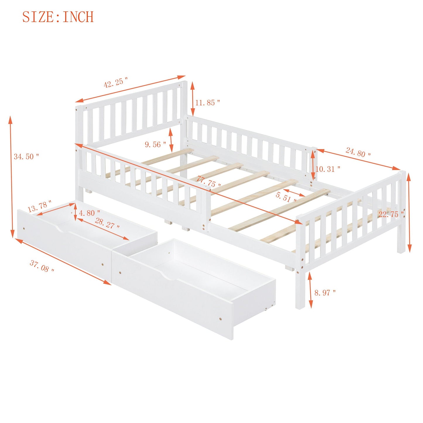 Platform Bed With Guardrails On Both Sides And 2 Storage Drawers