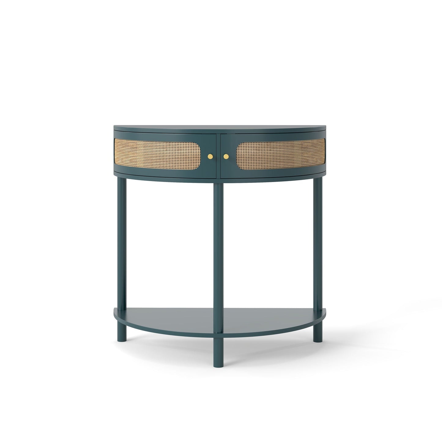 Boho Rattan Semi Circle End Table With Sliding Rattan Door, Storage And Bottom Shelf