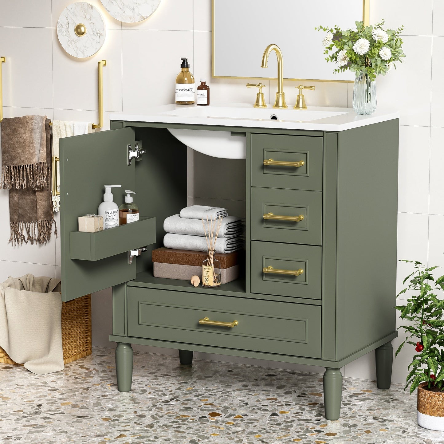 Elegant Olive Green 30' Bathroom Vanity with Ceramic Sink and Ample Storage, Solid Wood and MDF Construction