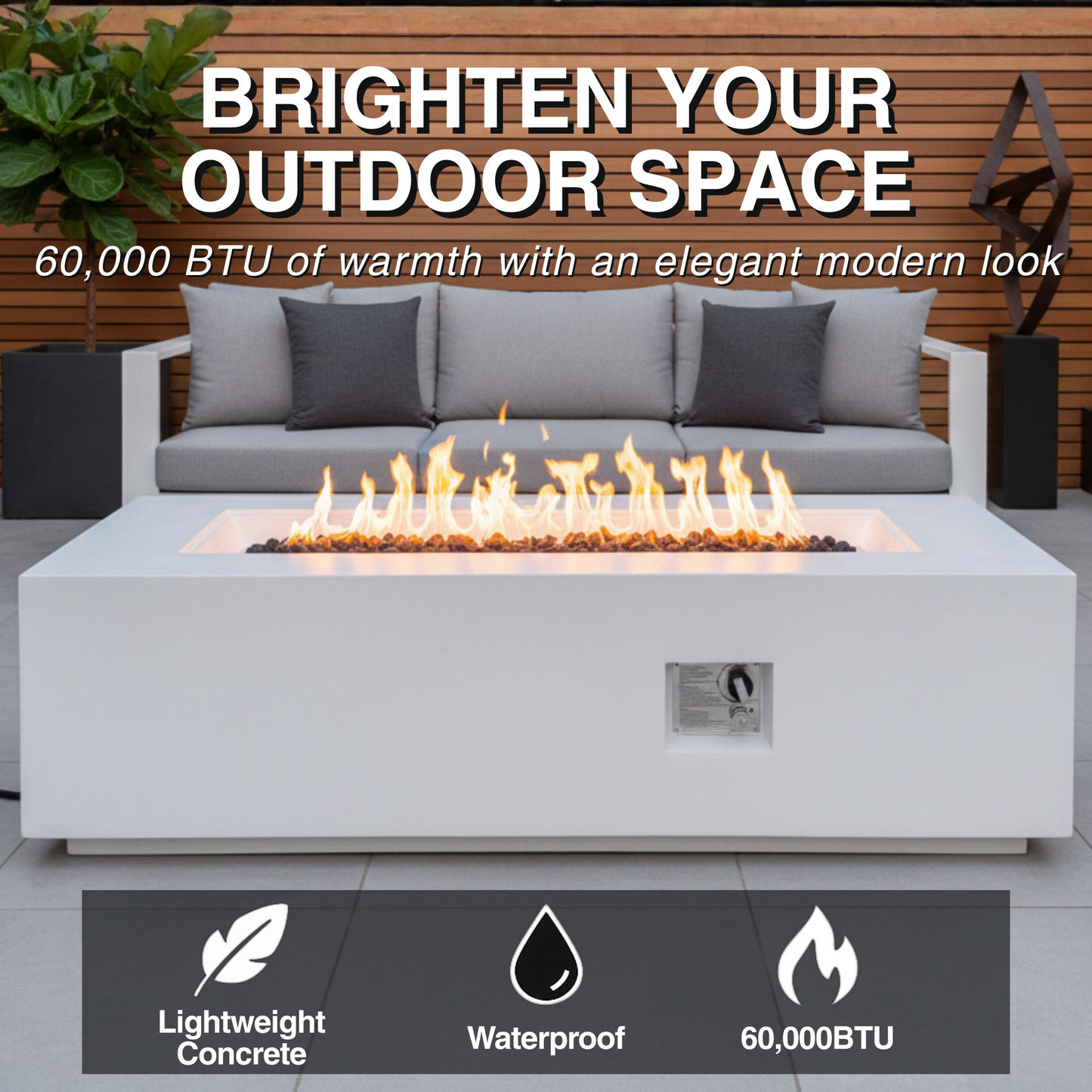 Outdoor Rectangle Propane Fire Pit Table 60inch, White