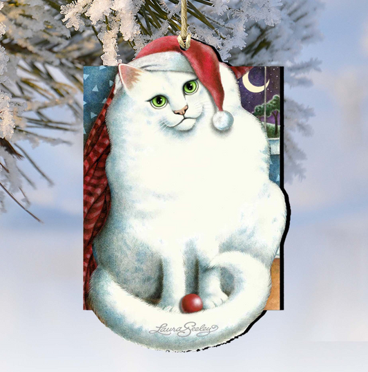 Marshmallow Santa Cat Wooden Ornaments Pets by Laura Seeley - Pets Dog and Cats Decor - 8512058-LS