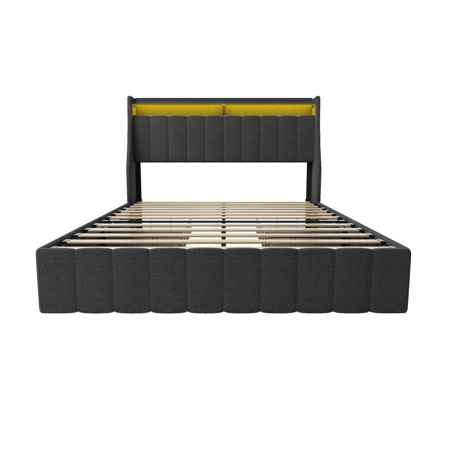 Bed With LED Lights, 4 Drawers, Winged Headboard Upholstered