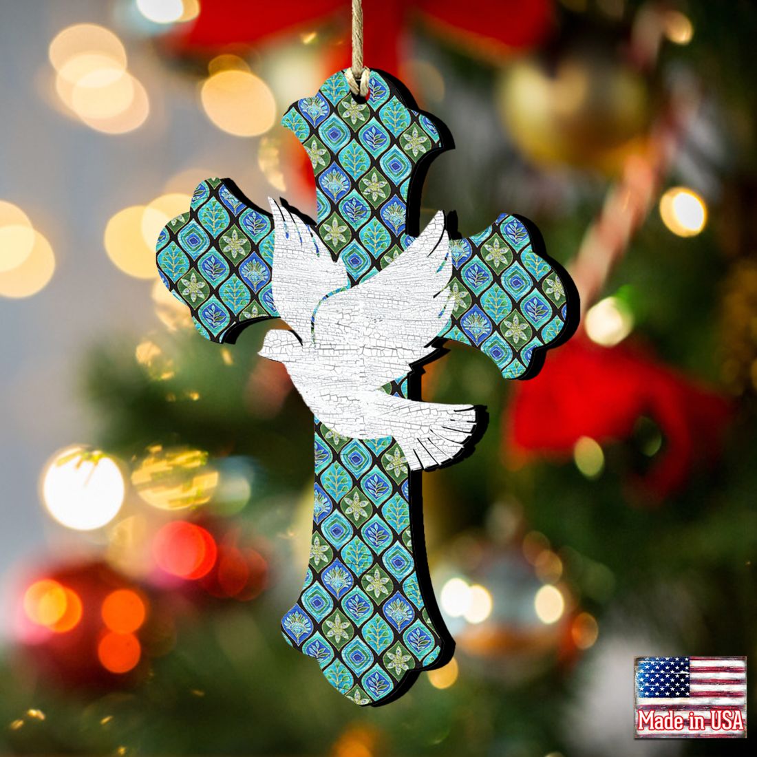White Doves Cross Wooden Ornaments by G. DeBrekht - Nativity Holiday Decor - 8191163-2