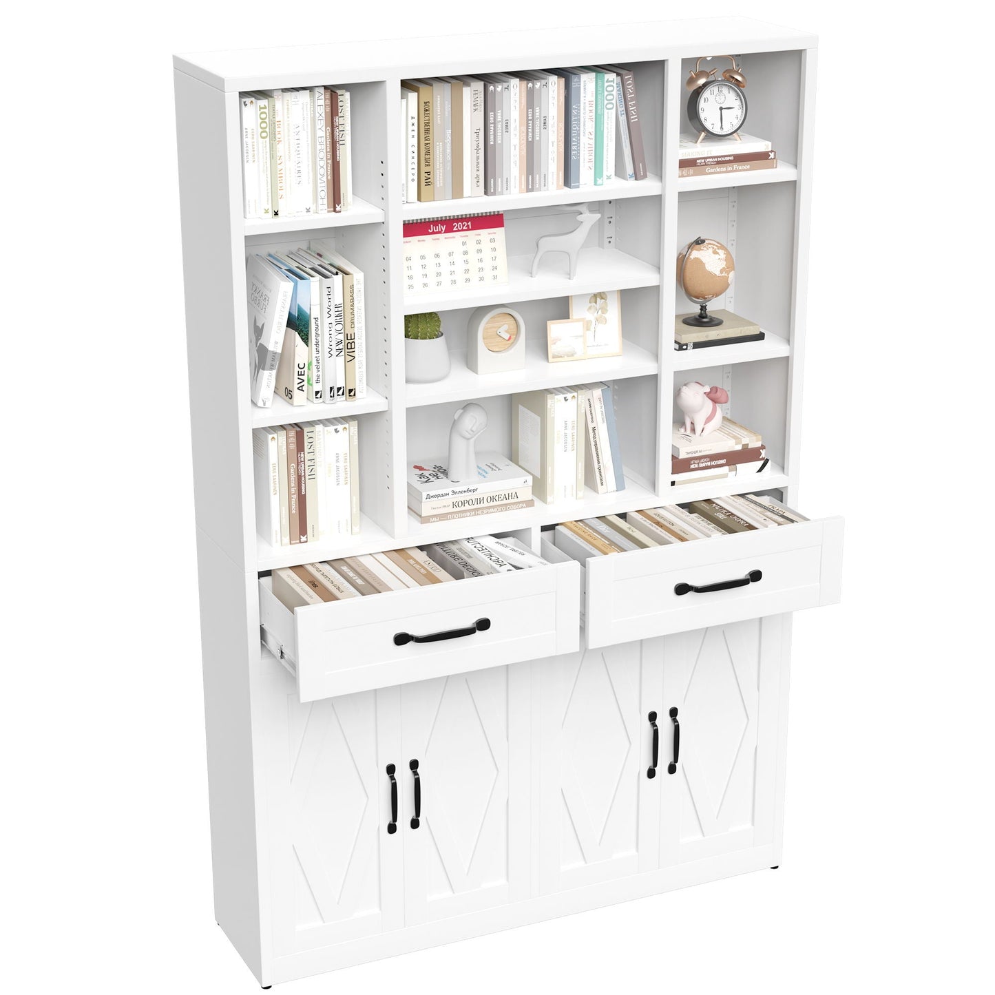 Industrial Bookcase Tall With Adjustable Shelves, Drawers & Doors