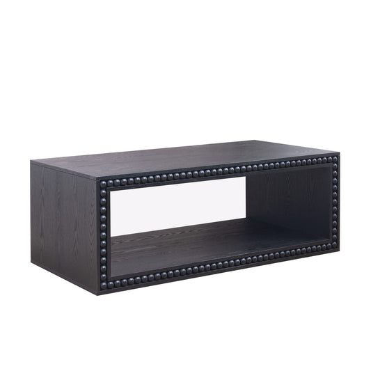 Black Beaded Edge Coffee Table – 47.6' Rectangular Center Table with Open Storage Shelf