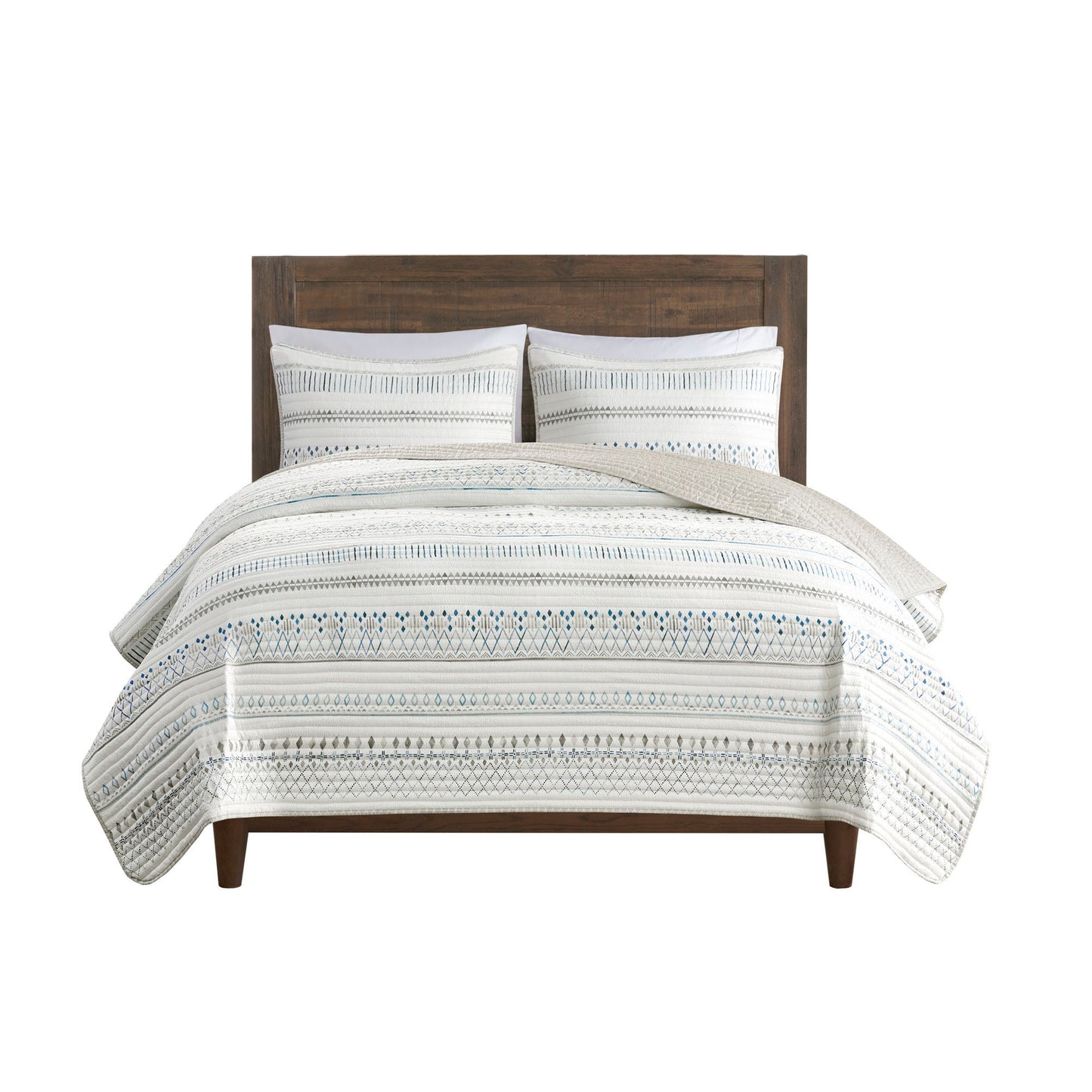 3 Piece Printed Microfiber Seersucker Quilt Set Taupe/Blue Full/Queen