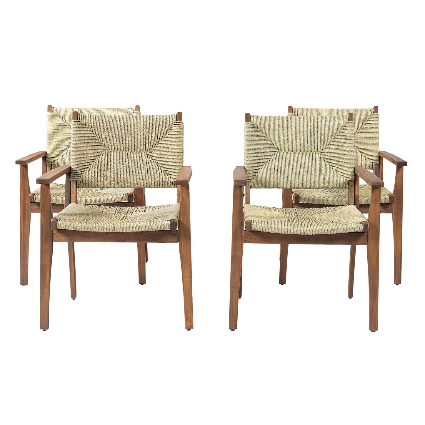 5-Piece Outdoor Dining Set: Teak Finish Round Acacia Wood Table & 4 Wicker Armchairs
