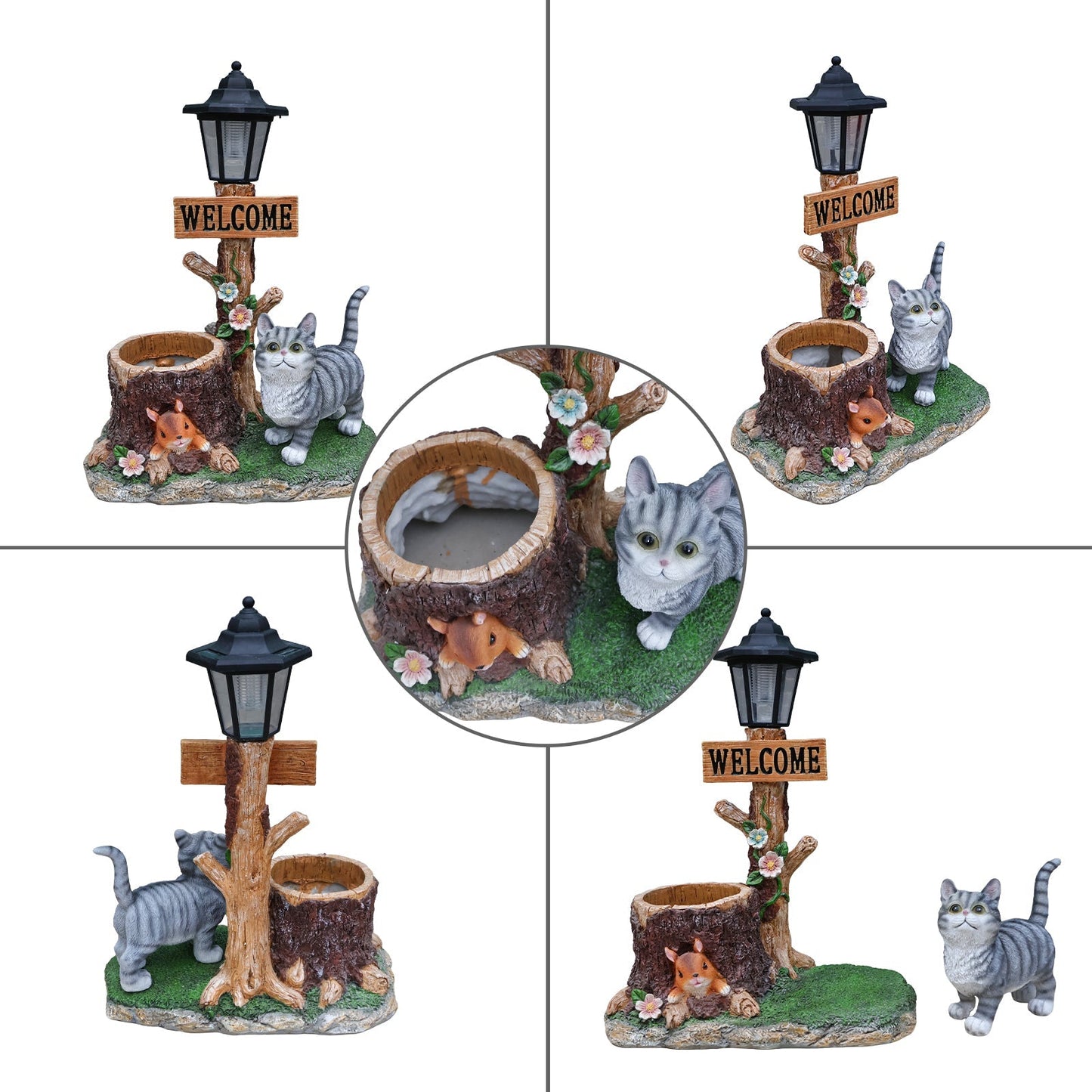 Cat Solar Planter Statue for Outdoor Decor