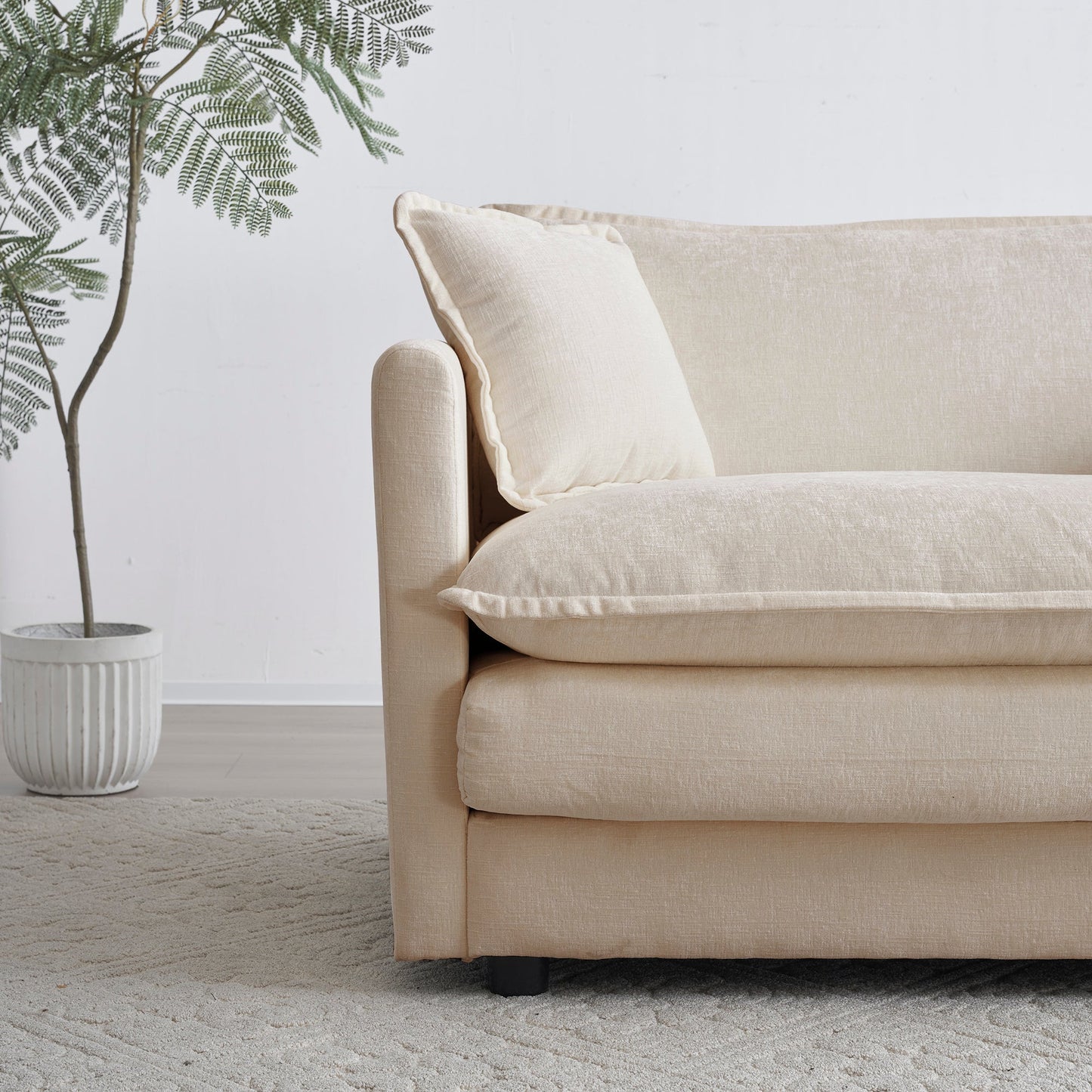 Modern Accent Chair with Ottoman in Beige Chenille